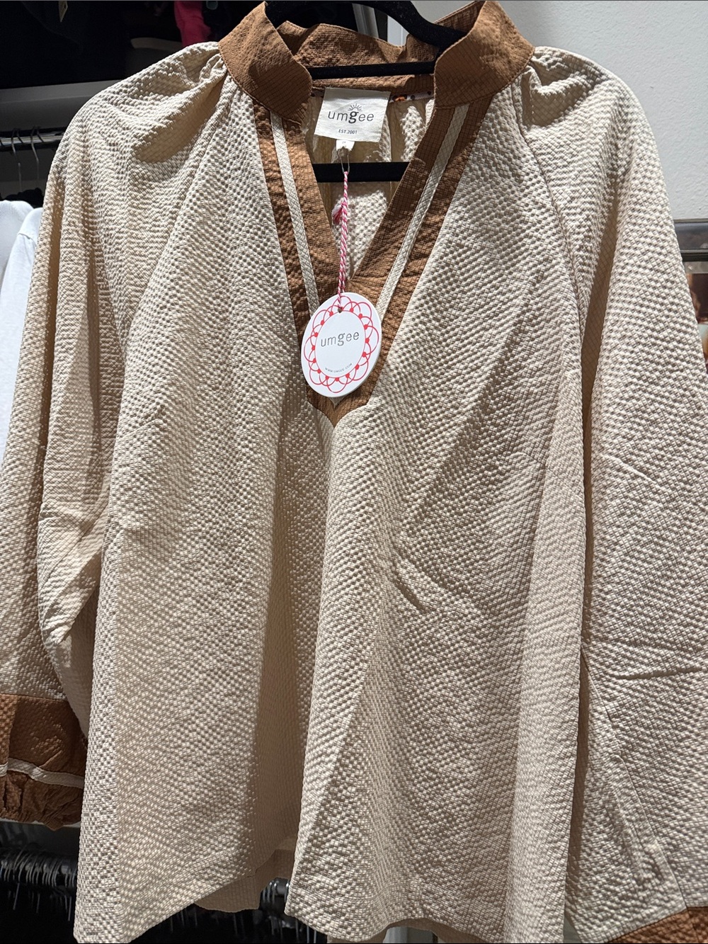 Umgee Cream Textured Pullover Jacket with Brown Trim Accents